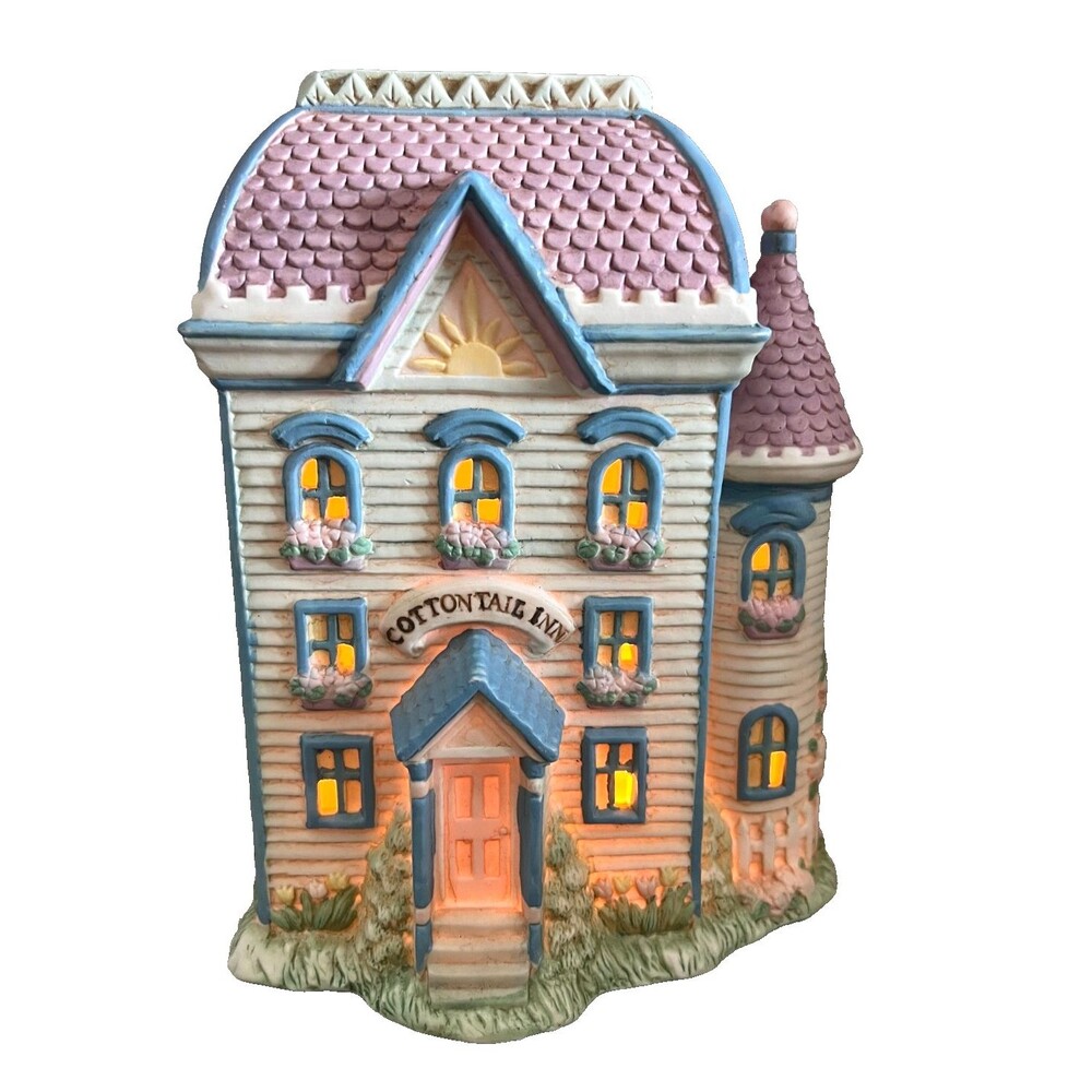 Vtg Cottontail Lane Easter Village Hotel Inn House Cottage Lights Up Ceramic EUC